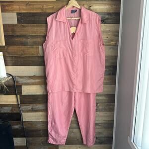 Vintage Jennifer Moore Pink 100% Silk Pajamas Set L Sleeveless Top Pull On Pants